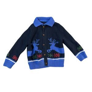 Lands End Reindeer Cardigan Sweater Thick Boys 4 100% Cotton Fair Isle Holiday